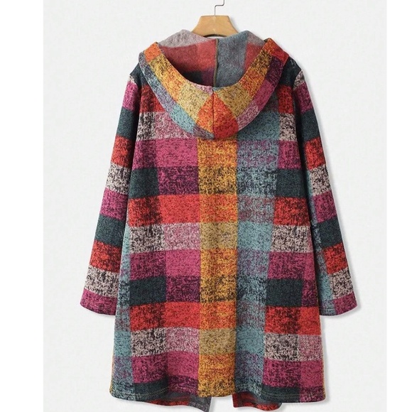 Cozy Multicolor Checkered Plaid Pockets Hoodie Jacket Shacket - Picture 2 of 4